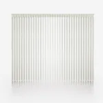 Curved white vertical blinds on neutral background.