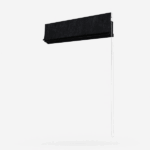 Black retractable window blind on white background.