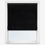 Black roller blind on white window frame.