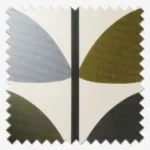 Fabric swatches in grey, white, and green geometric pattern.