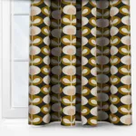 Retro patterned shower curtain in gold and beige tones.