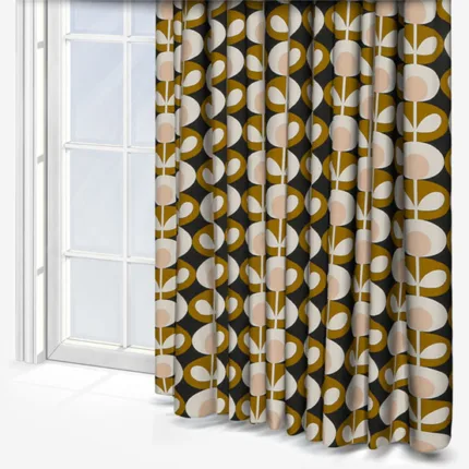 Retro patterned curtains beside white window frame.