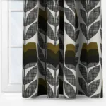 Stylish leaf patterned curtains in monochrome and olive tones.