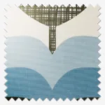 Artistic textile design of abstract bridge over blue waves.