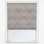 Elegant damask patterned roller blind in window frame.
