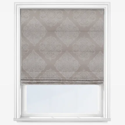 Elegant grey patterned roller blind in window.