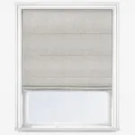 Grey fabric Roman blind on white window frame.