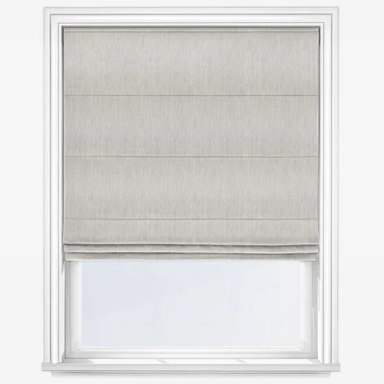 Grey fabric Roman blind on white window frame.