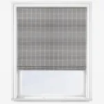 Grey roller blind on white window frame.