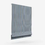 Blue and white striped window blind on white background