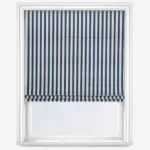 Blue and white striped window blind, modern design.