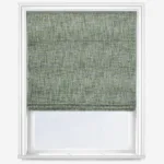 Green fabric roller blind on white window frame.