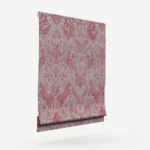 Red floral fabric roller blind on white background.