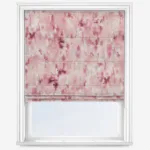 Roman blind with pink watercolour pattern in window frame.