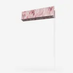Pink marble-patterned window blind on white background.