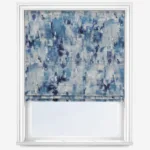 Abstract blue patterned roller blind in window.