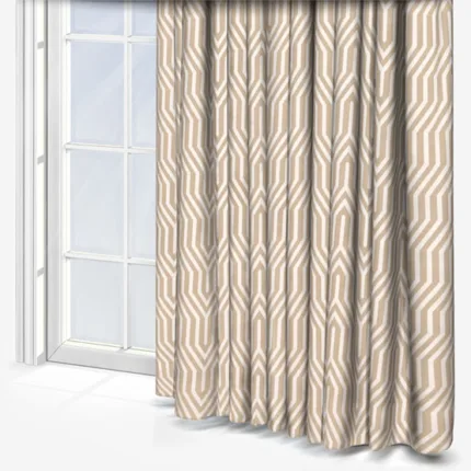 Patterned curtains beside a bright window.