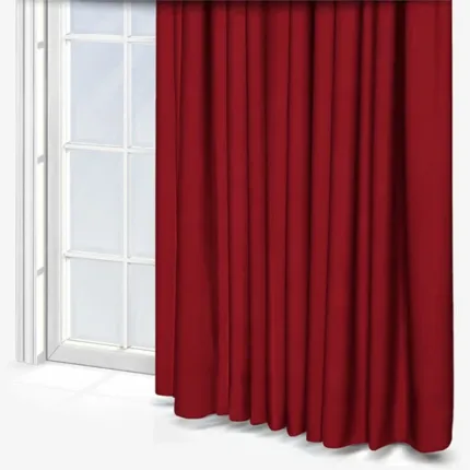 Red curtains beside a clear glass window.