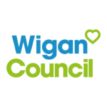 Wigan Council logo with blue and green typography.