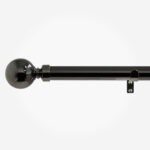 Black curtain rod with spherical finial and bracket.
