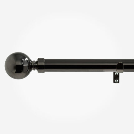 Black curtain rod with spherical finial and bracket.