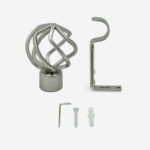 Various metal hardware and fittings on white background.