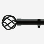 Black metal curtain rod with decorative finial.