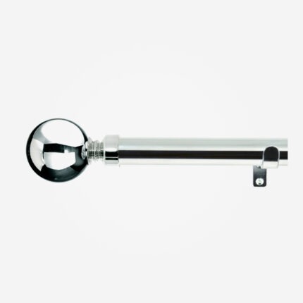 Silver curtain rod with spherical finial on white background.