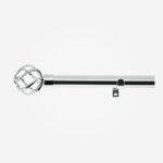 Silver curtain rod with spherical cage finial.
