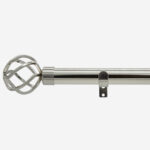 Silver curtain rod with decorative finial on white background.