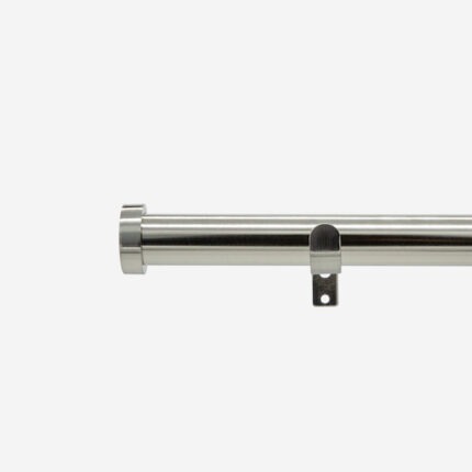 Stainless steel curtain rod with mounting bracket on white background.