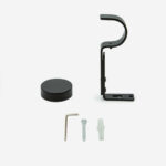 Black desk mount with installation tools on white background.