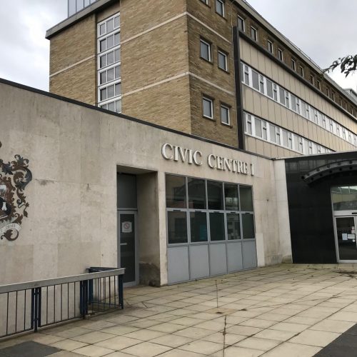 Civic Centre building with coat of arms, UK