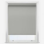 Grey roller blind in a white window frame