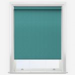 Teal roller blind on white window frame