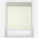 White frame window with lowered beige roller blind