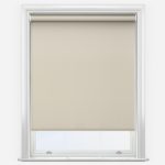 Beige roller blind in a white window frame