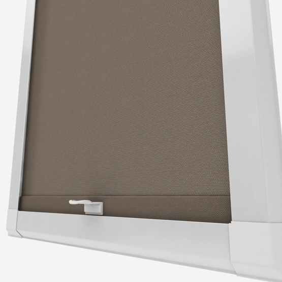 Grey roller blind in white window frame