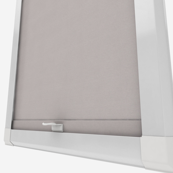 Grey roller blind in white window frame