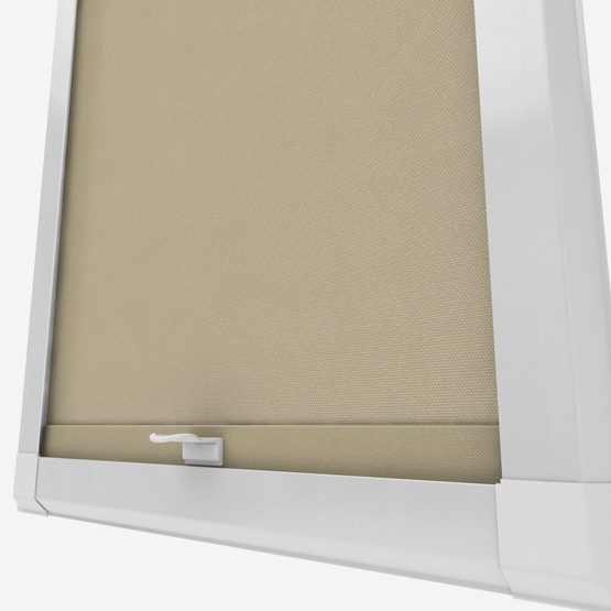 Beige roller blind in white window frame