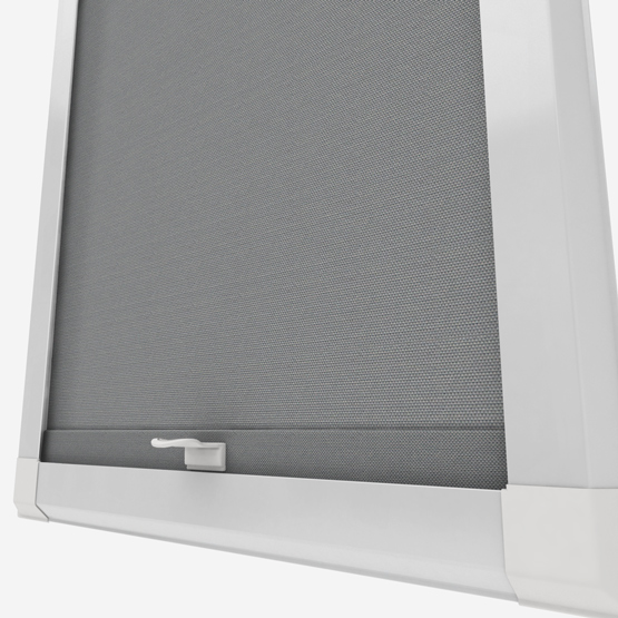 Grey roller blind inside a white frame