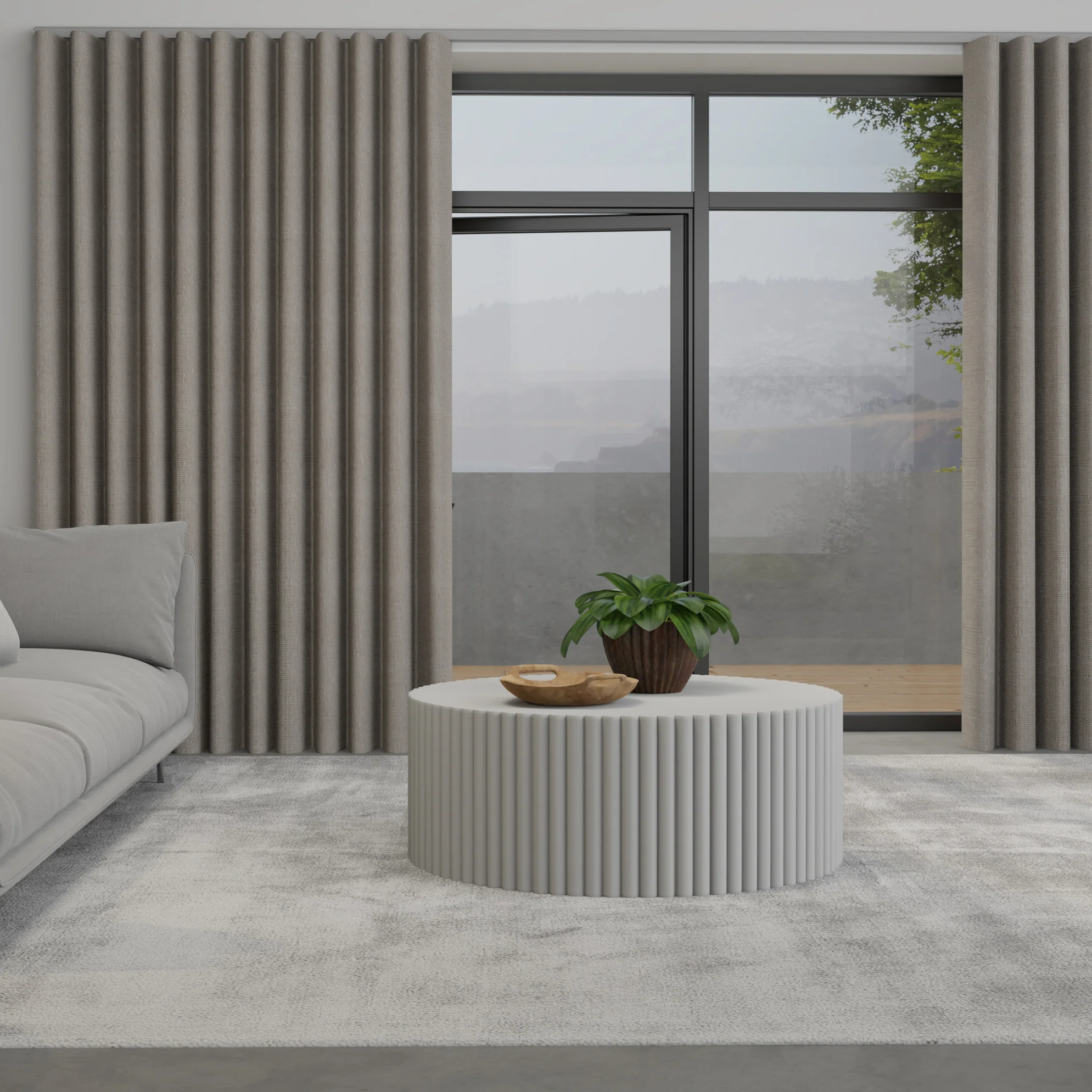 Modern living room with large window and minimalist decor